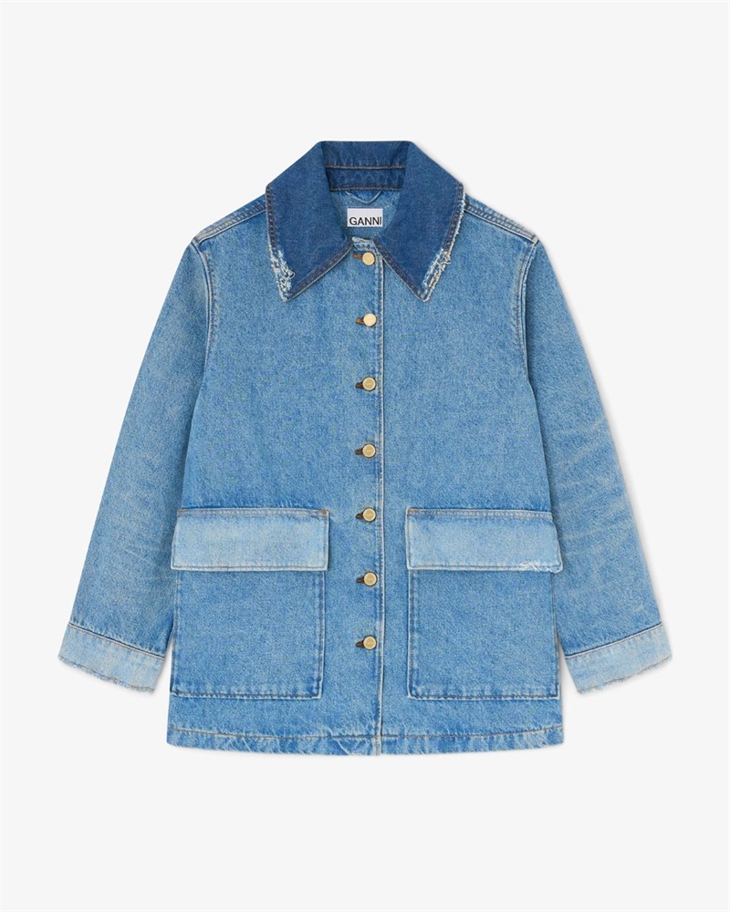 GANNI A1010179 PATCHWORK DENIM MIDI JACKET MID BLUE VINTAGE