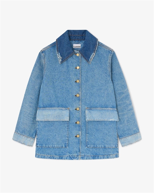GANNI A1010179 PATCHWORK DENIM MIDI JACKET MID BLUE VINTAGE