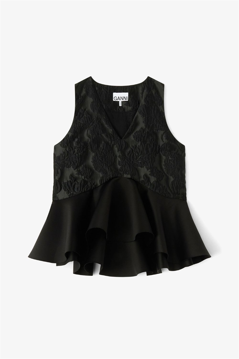 GANNI A1040097 SATIN CLOQUE TOP BLACK