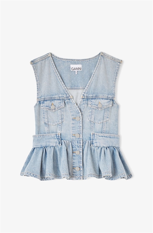 GANNI A1040321 LIGHTWEIGHT DENIM PEPLUM VEST LIGHT BLUE VINTAGE