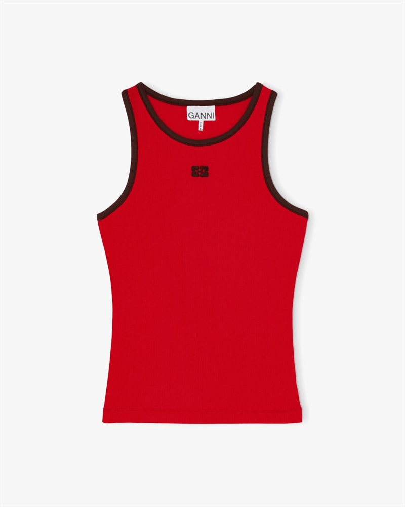 GANNI A1040387 SOFT COTTON RIB TANK TOP HIGH RISK RED