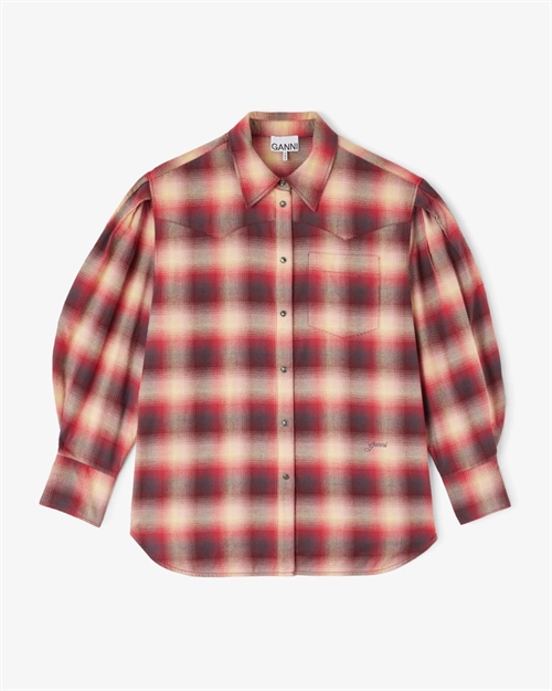 GANNI COTTON FLANNEL CHECK PLEATED SHIRT RASBERRY WINE