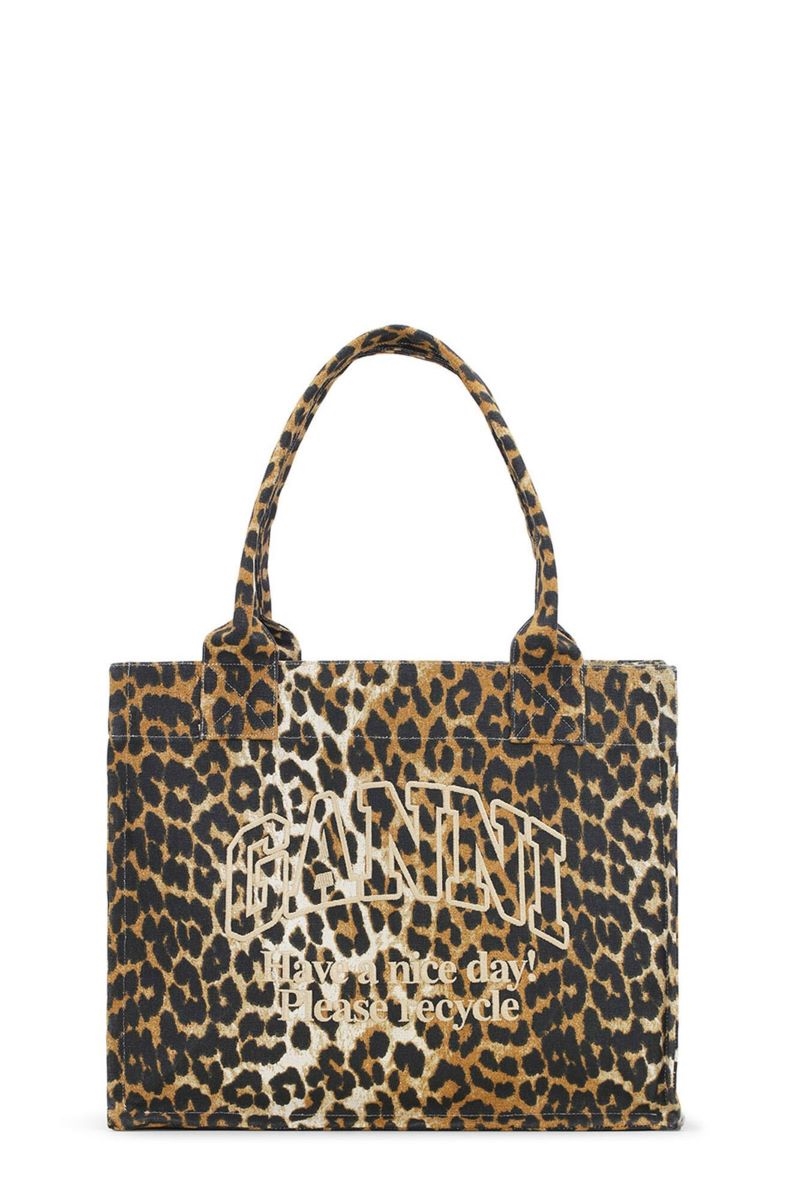 GANNI LARGE CANVAS TOTE BAG LEOPARD