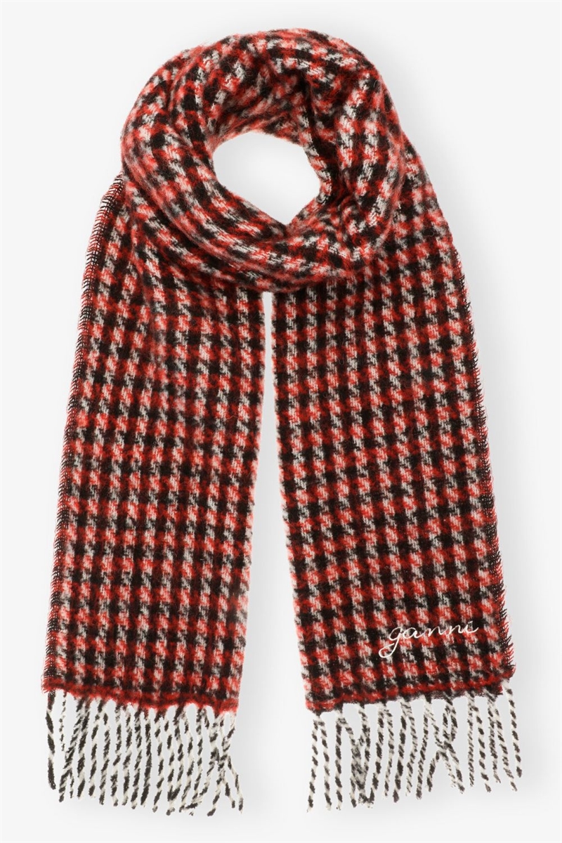 GANNI A6424 CHECK MIX WOVEN SCARF RACING RED