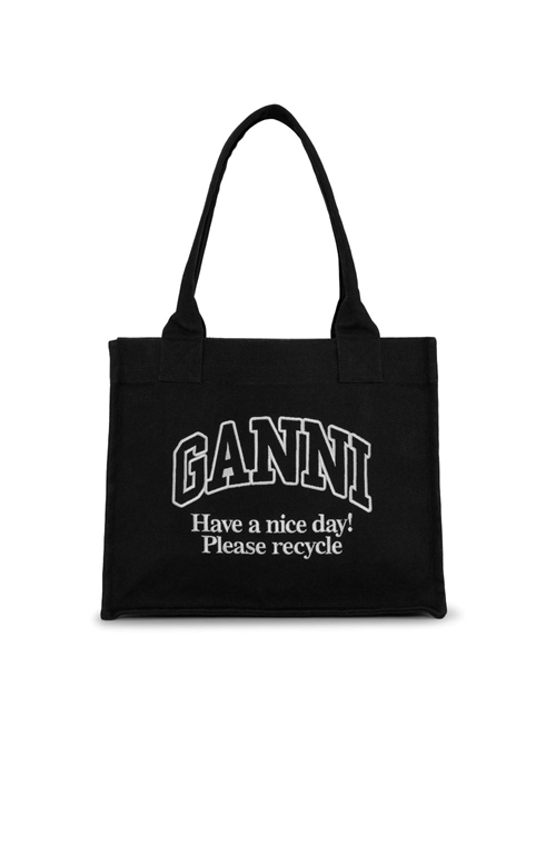 GANNI A6647 LARGE EASY SHOPPER CONTRASTED LOGO PHANTOM BLACK