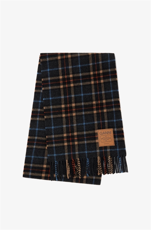 GANNI A6933 DOUBLE FACE WOOL CHECK SCARF CHARCOAL GREY