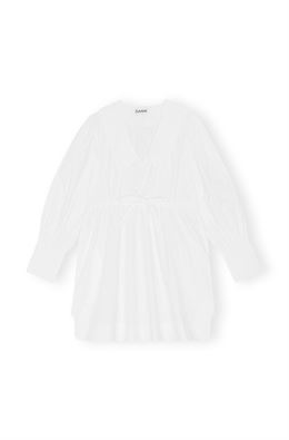 GANNI V-NECK MINI DRESS BRIGHT WHITE