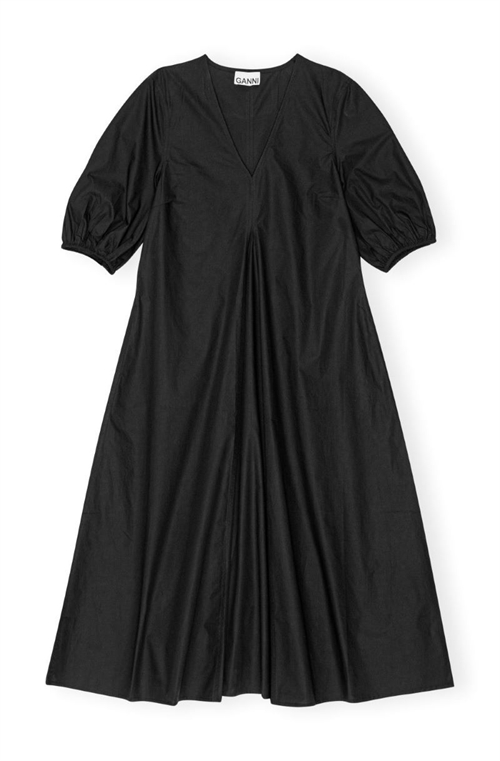 GANNI COTTON POPLIN V-NECK LONG DRESS BLACK