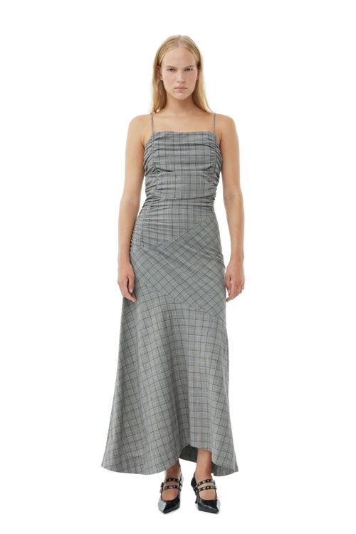 GANNI CHECKED LONG DRESS FROST GRAY