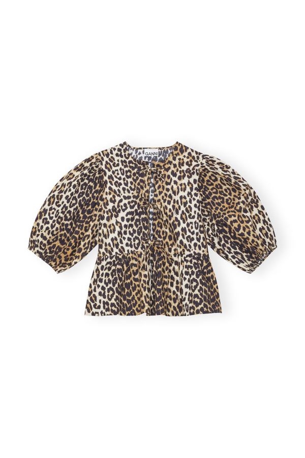 GANNI POPLIN PEPLUM TIE BLOUSE LEOPARD