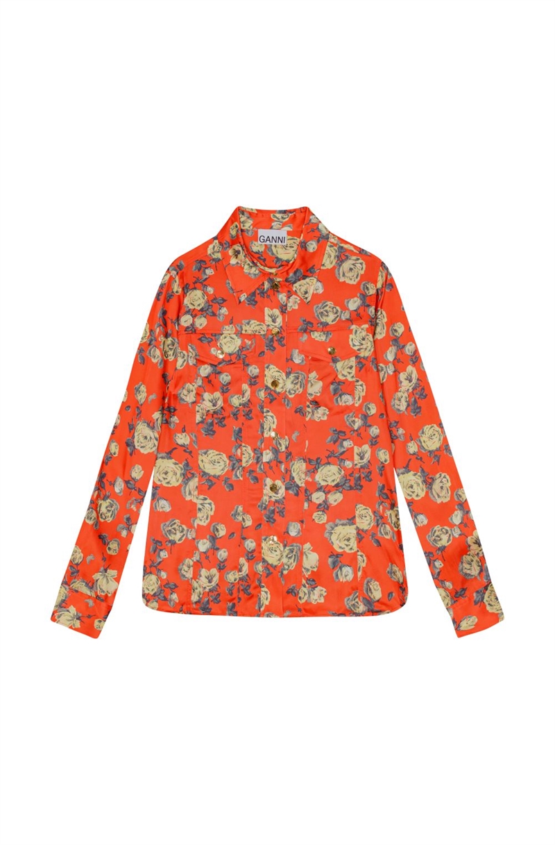 GANNI F9531 PRINTED SATIN SHIRT POINCIANA