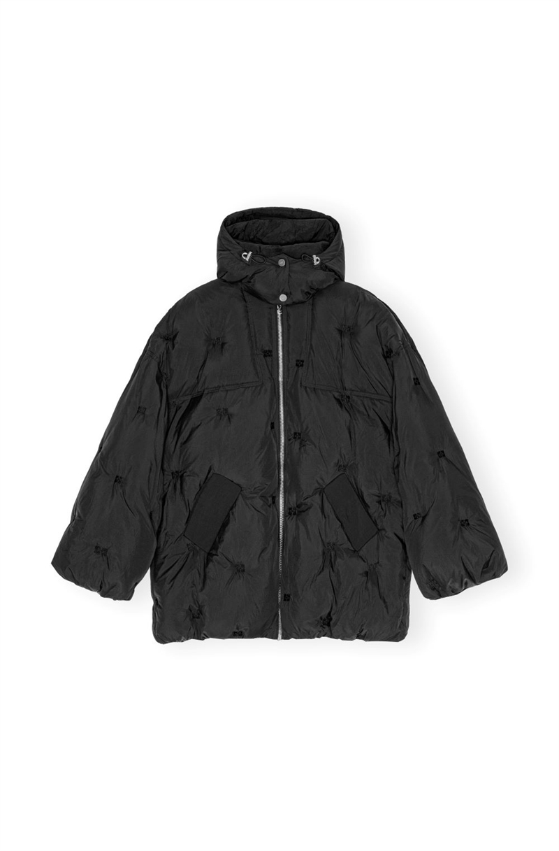 GANNI F9545 NYLON TECH PUFFER MIDI JACKET BLACK