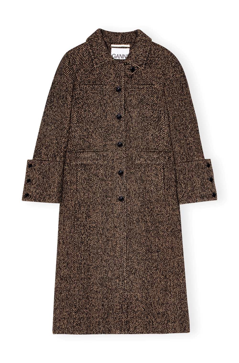 GANNI F9547 HERRINGBONE WOOL COAT SHITAKE