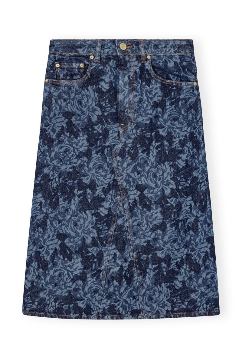 GANNI J1464 LAZER DENIM MIDI SKIRT MID BLUE STONE