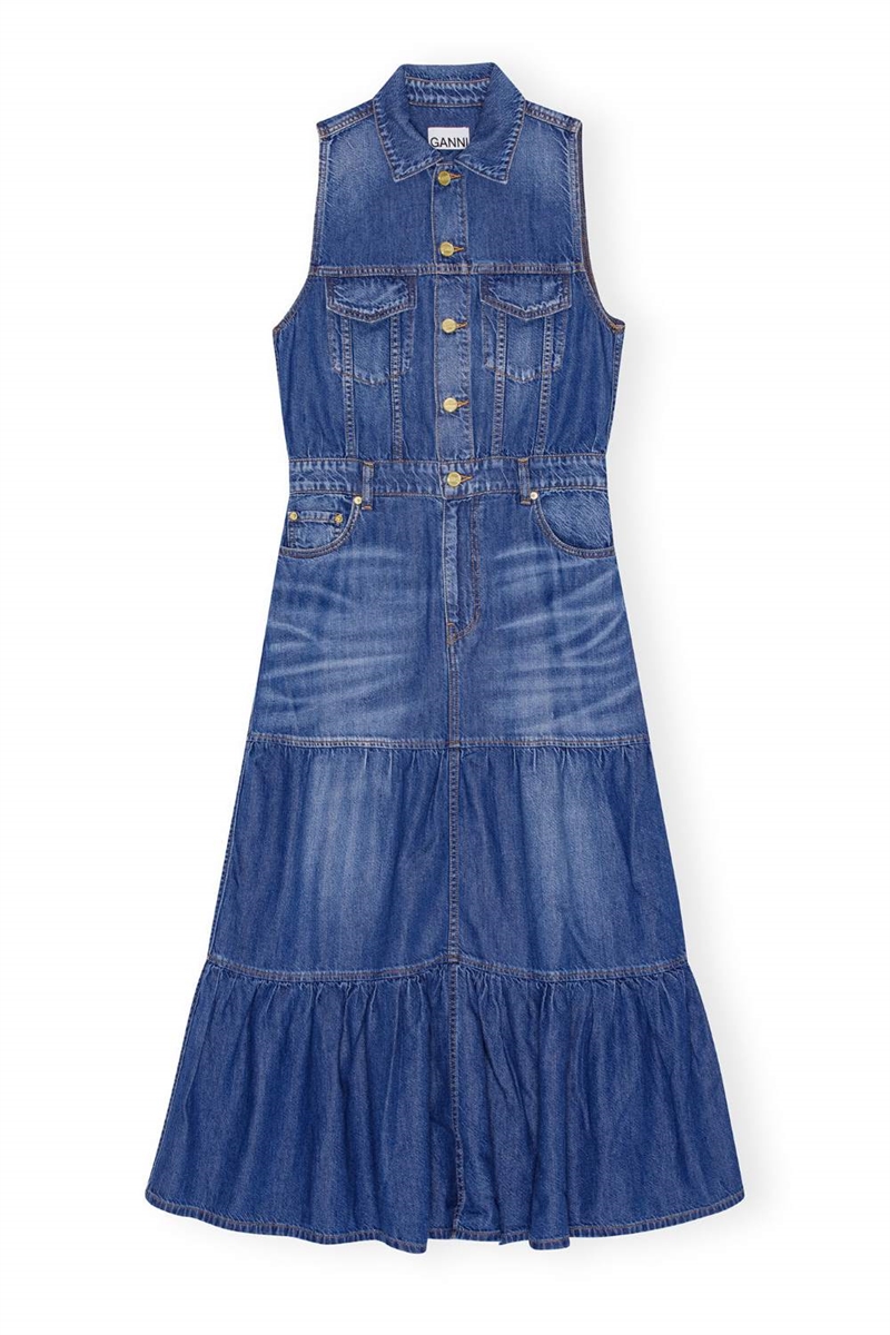 GANNI J1486 LONG DENIM DRESS MID BLUE VINTAGE