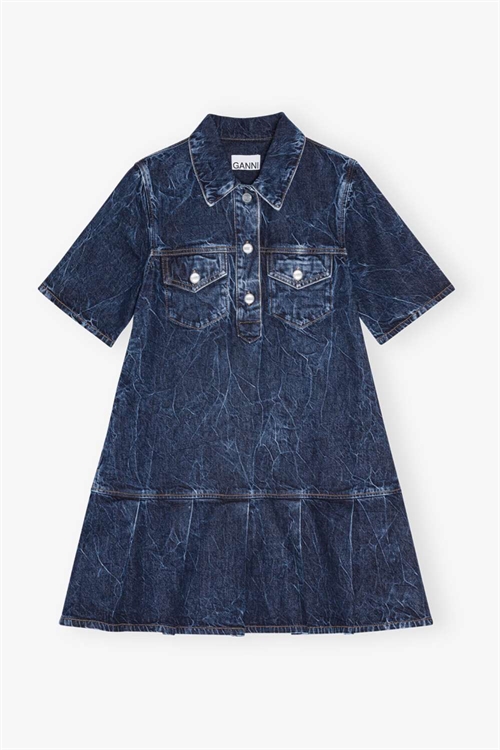 GANNI J1594 CRINKLED FUTURE DENIM MINI DRESS MID BLUE STONE