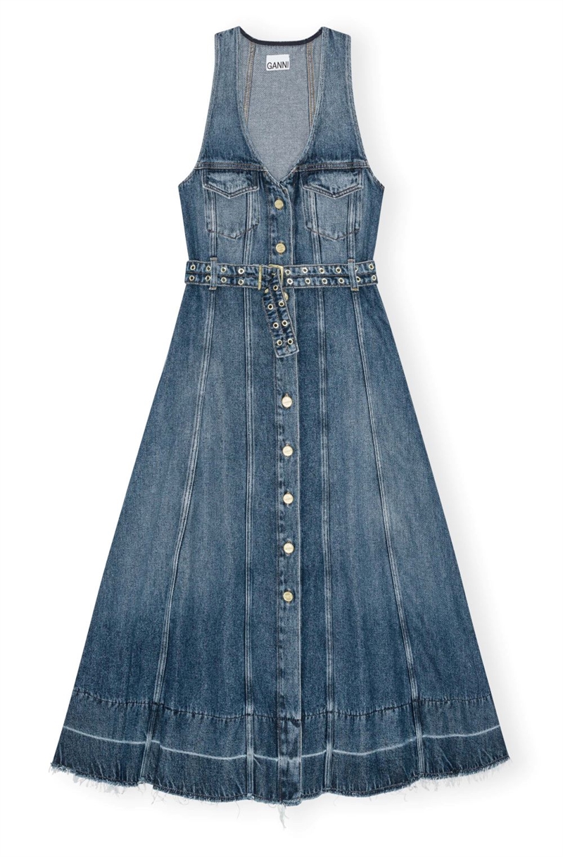 GANNI J1728 LIGHT DENIM BELT MIDI DRESS MID BLUE VINTAGE