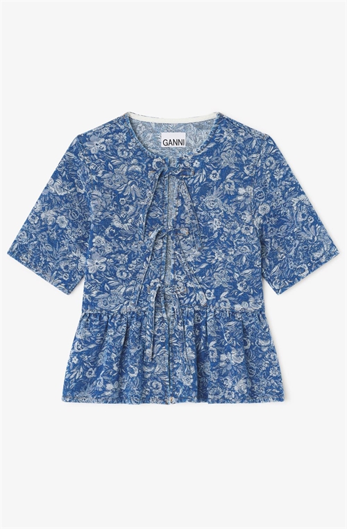 GANNI J1909 BLÅ PEPLUM-BLUSE I TAPESTRY MID BLUE STONE