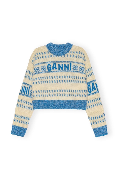 GANNI CROPPED O-NECK LAMBSWOOL PULLOVER STRONG BLUE