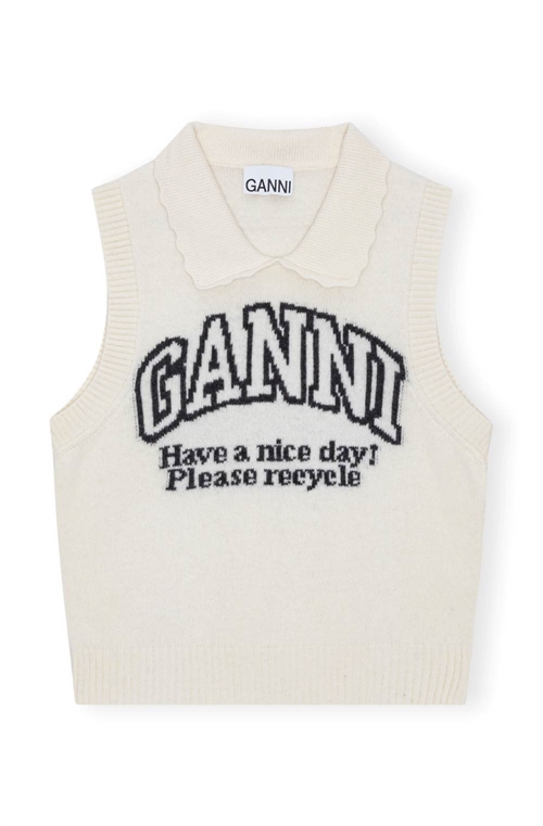 GANNI K2463 GRAPHIC WOOL MIX COLLAR VEST EGRET