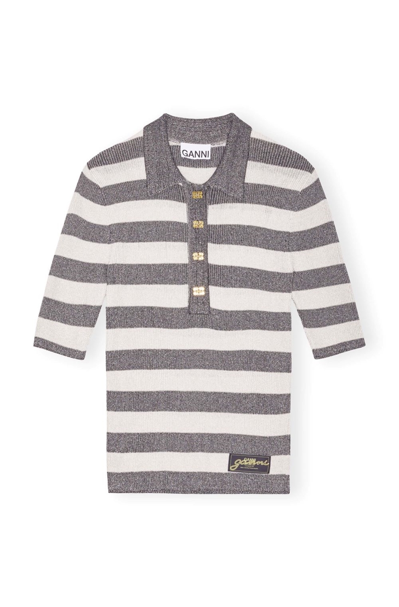 GANNI K2482 STRIPED SPARKLE RIB POLO T-SHIRT EGRET