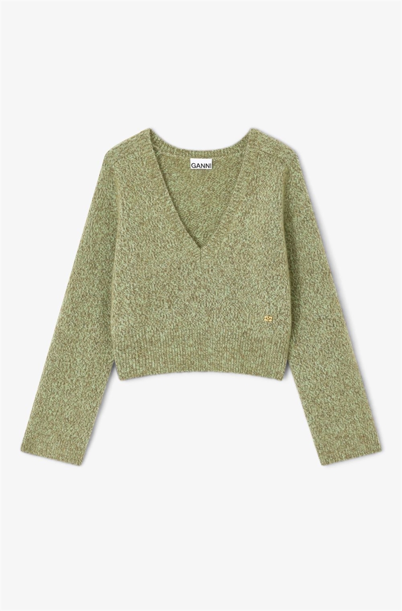 GANNI K2621 BRUSHED MOHAIR MIX DEEP V-NECK NILE