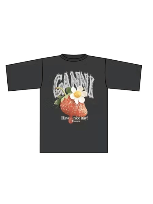 GANNI A1050292 BASIC COTTON JERSEY STRAWBERRY PRINT PHANTOM