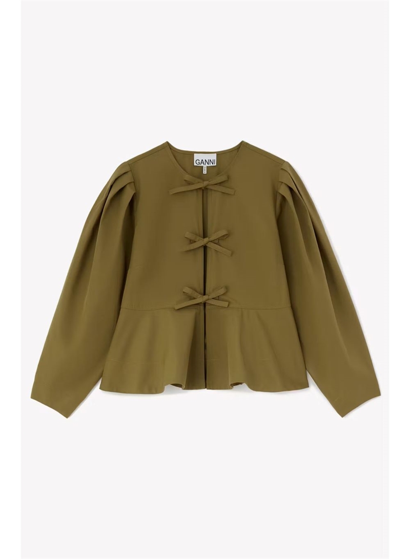 GANNI A1040508 COMPACT POPLIN LONG SLEEVE PEPLUM BLOUSE MILLITARY OLIVE