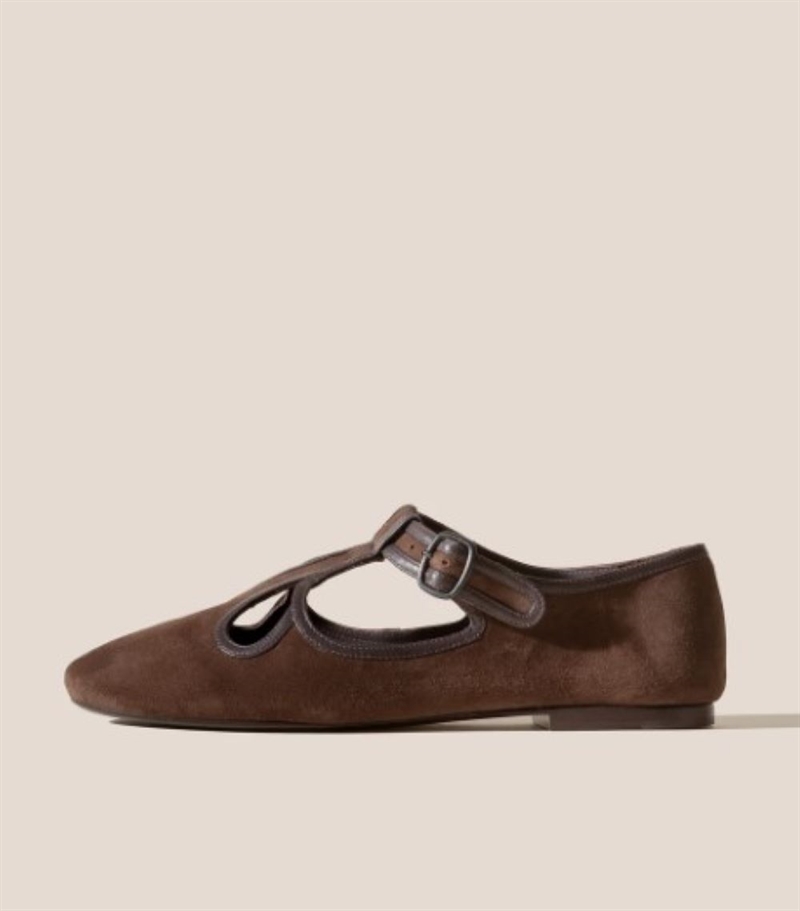 HEREU ONDARA SUEDE FLAT CUT-OUT T-BAR SANDAL DARK BROWN