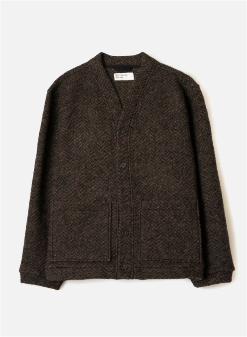 UNIVERSAL WORKS ADVANCE CARDIGAN RAVEN FLEECE BROWN