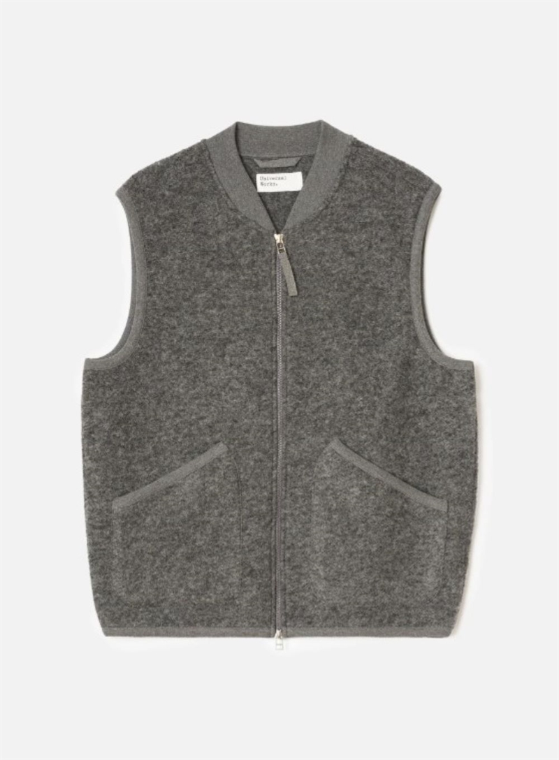 UNIVERSAL WORKS ZIP WAISTCOAT WOOL FLEECE GREY MARL