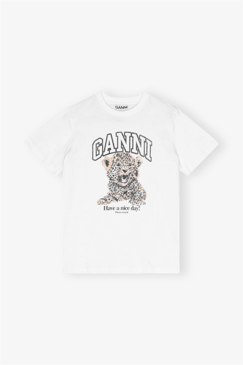 GANNI WHITE BASIC JERSEY RELAXED T-SHIRT LEOPARD