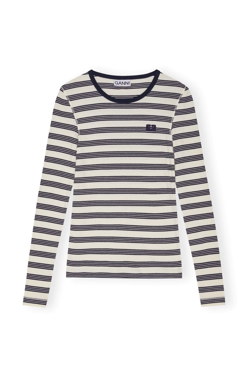 GANNI T4145 STRIPED SOFT COTTON RIB L/S T-SHIRT SKY CAPTAIN