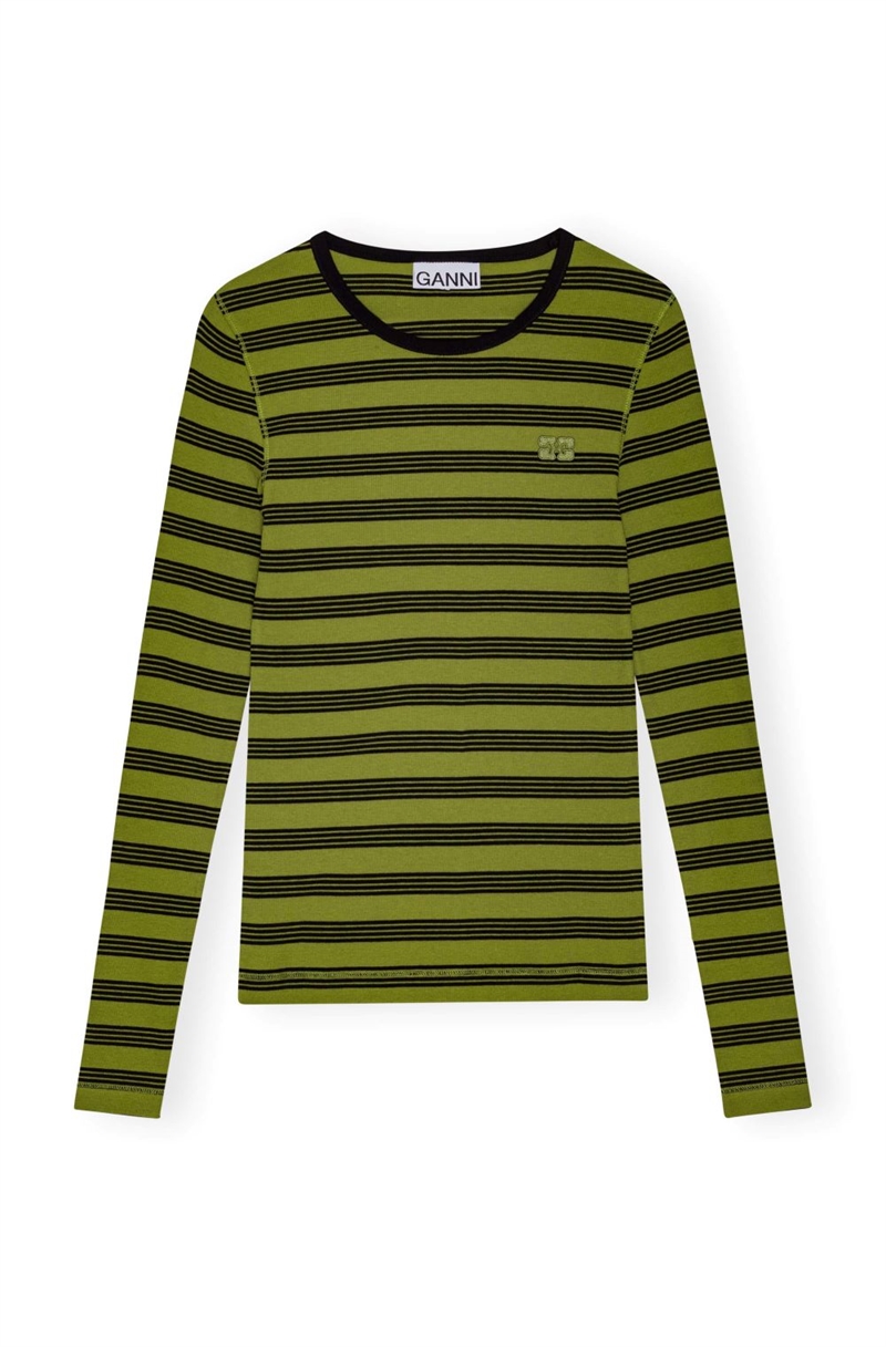 GANNI T4189 STRIPED SOFT COTTON RIB L/S T-SHIRT GOLDEN CYPRESS