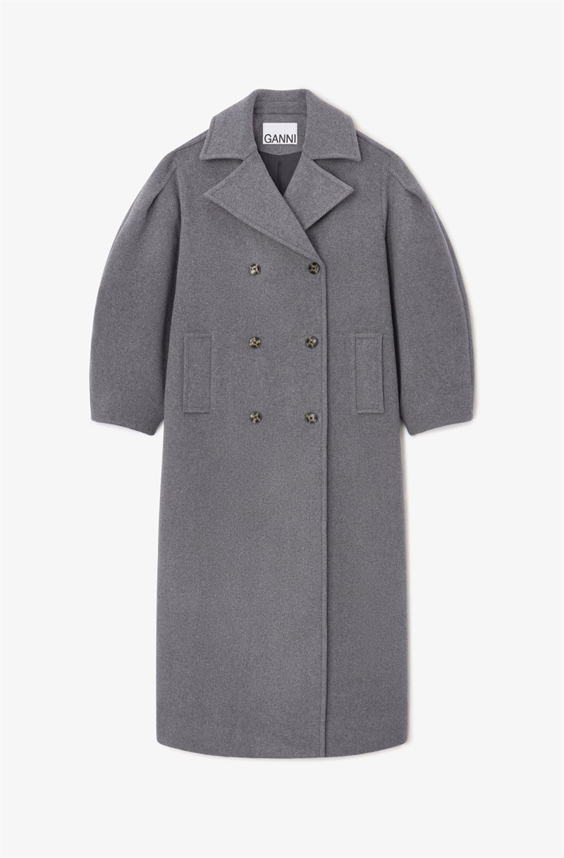 GANNI W0929 PEACOAT WOOL LONG COAT PEWTER
