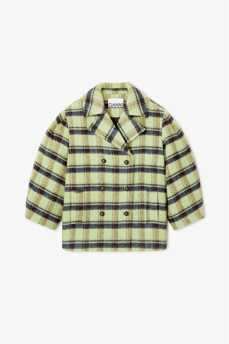 GANNI W0992 TERNET MIDIFRAKKE I BØRSTET ULD LIME SHERBET