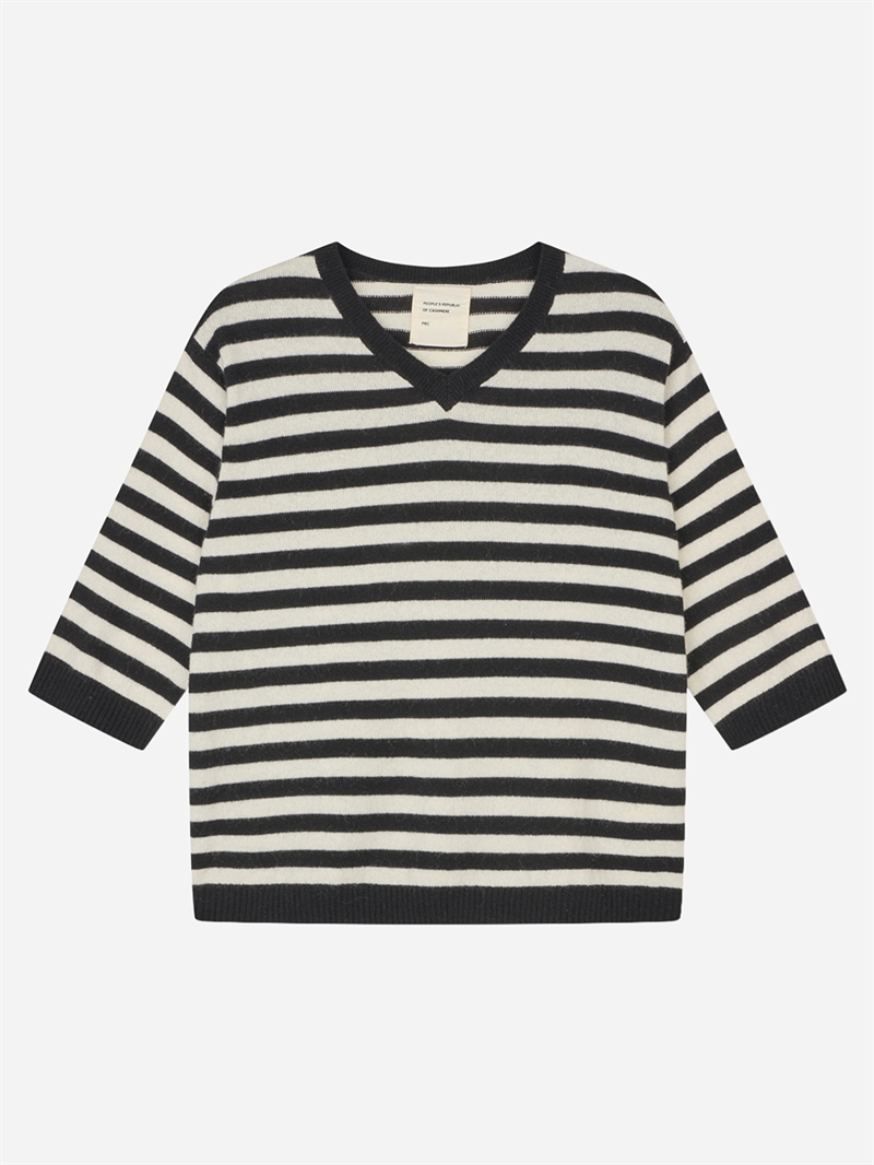 PEOPLES REPUBLIC OF CASHMERE WOMENS STRIPED 90\'S V-BLOUSE BLACK CLOUD